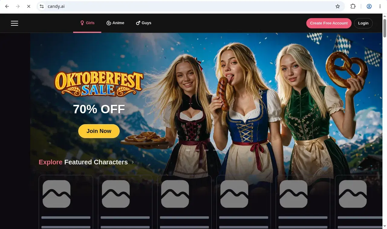 Candy AI home page showing an Oktoberfest 70 percent off sale with Girls, Anime and Guys tabs