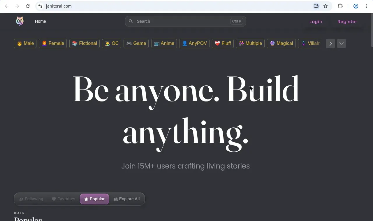 Janitor AI home page, Be anyone Build anything, join 15 million users crafting living stories