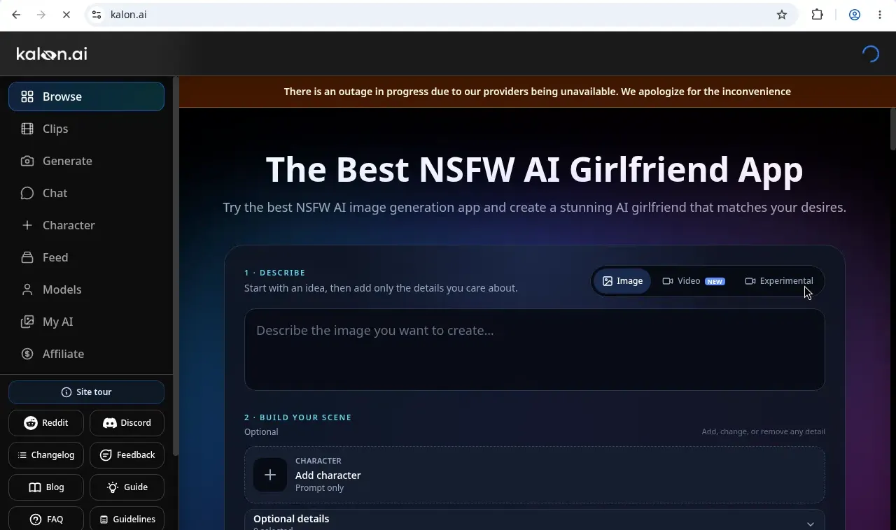 Kalon AI home page showing its NSFW AI girlfriend app with an image, video and experimental generator