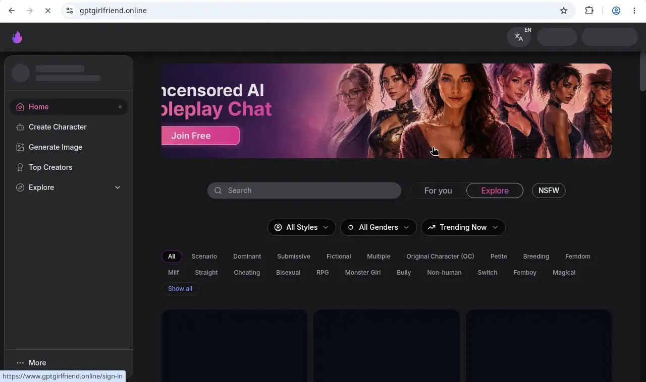 GPTGirlfriend Online home page, Uncensored AI Roleplay Chat, with a Join Free button and many character tags