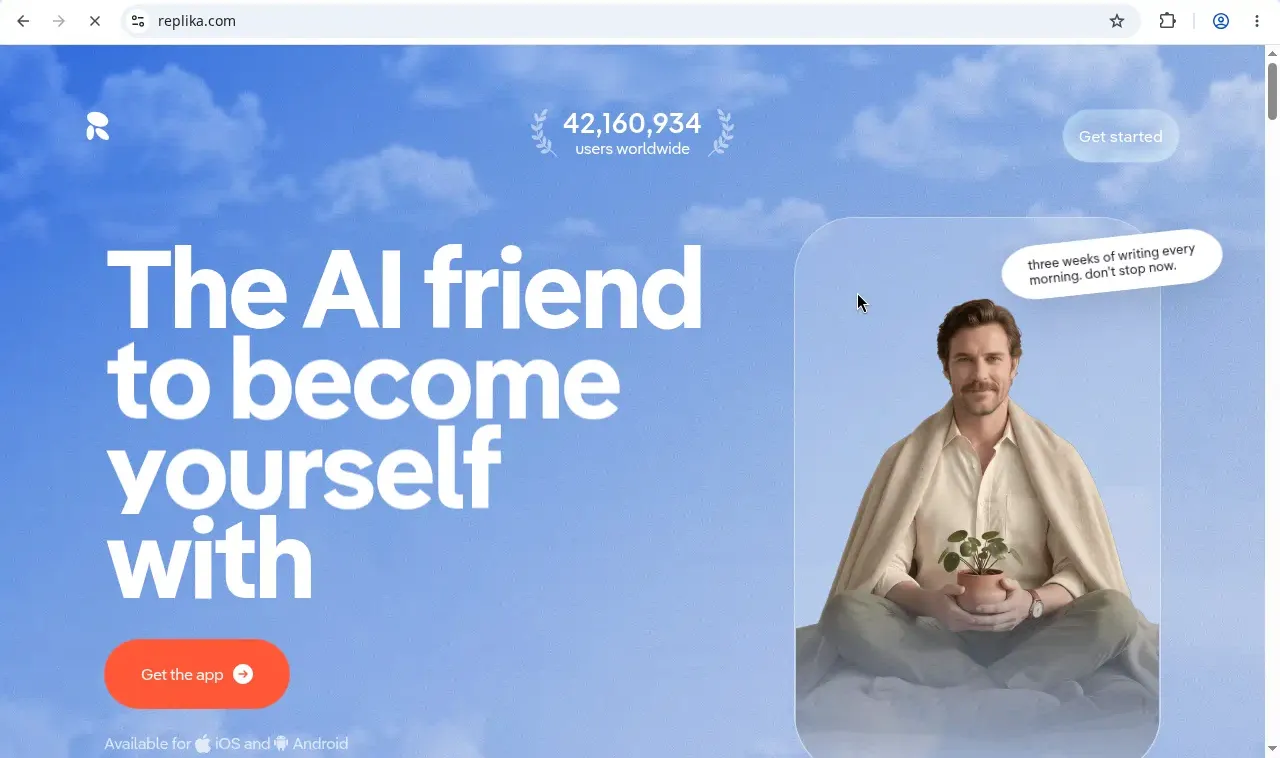Replika home page, the AI friend to become yourself with, showing 42 million users worldwide