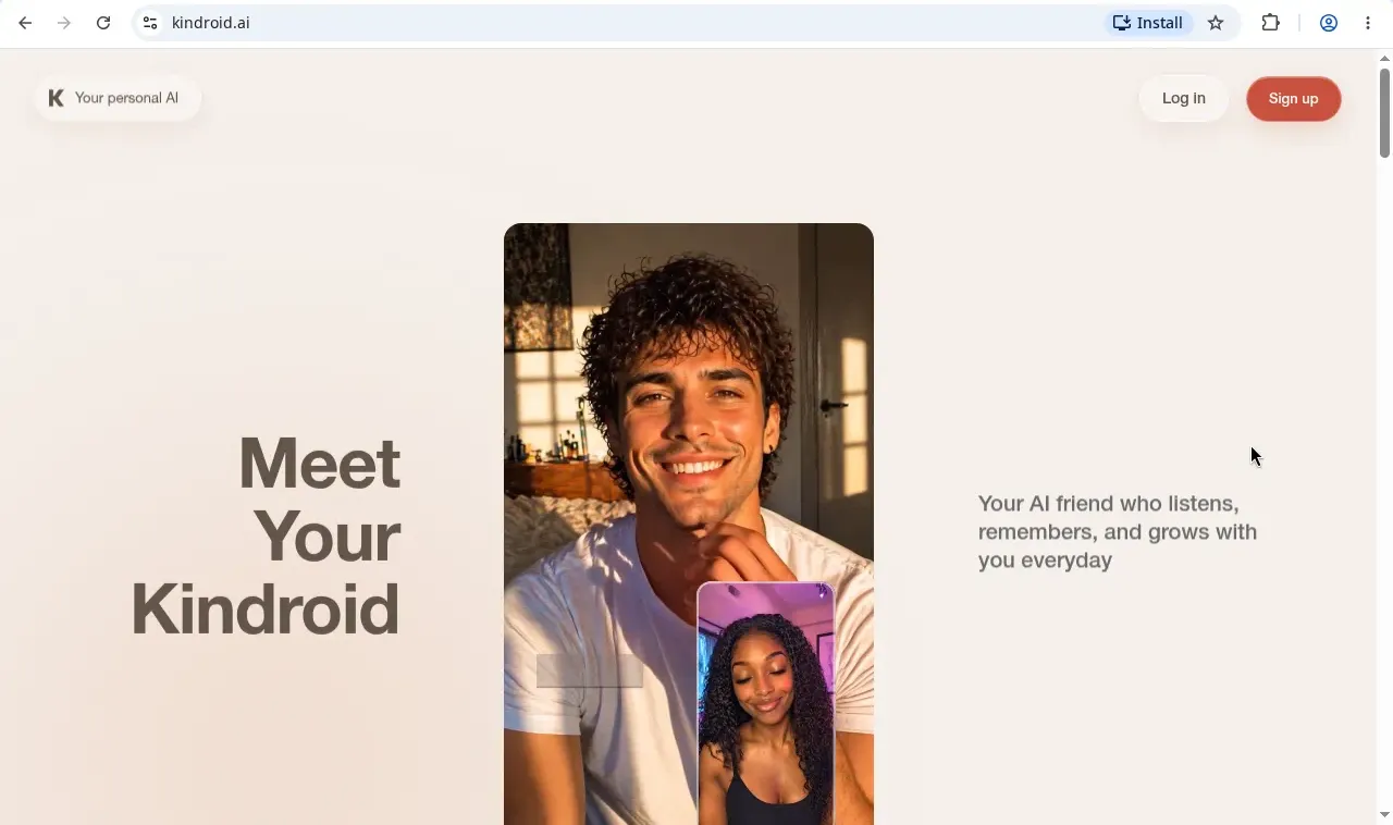 Kindroid home page with the tagline Meet Your Kindroid, your AI friend who listens, remembers and grows with you