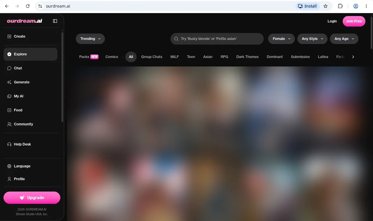 OurDream AI explore page with trending characters, a blurred content grid and category tabs